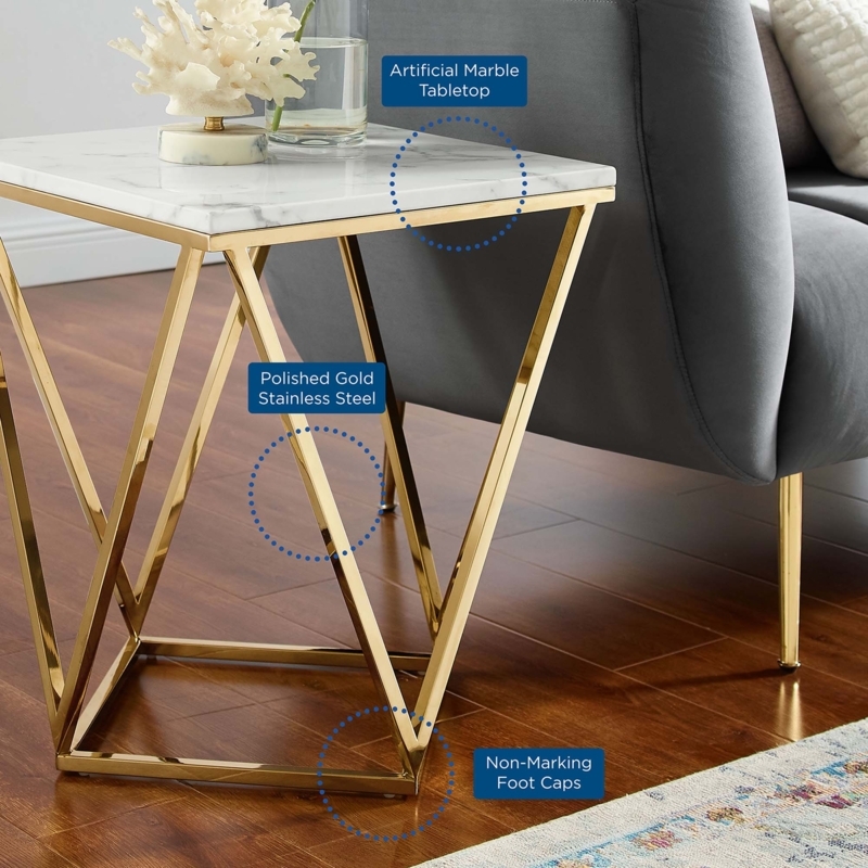 End Table with Geometric Base, Marbled Top, and Polished Gold Finish