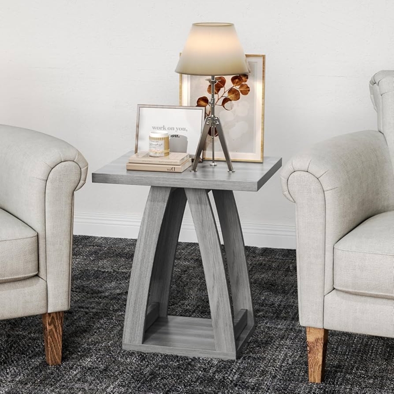 End Table with Geometric Carved Drawer, Modern Gray Storage