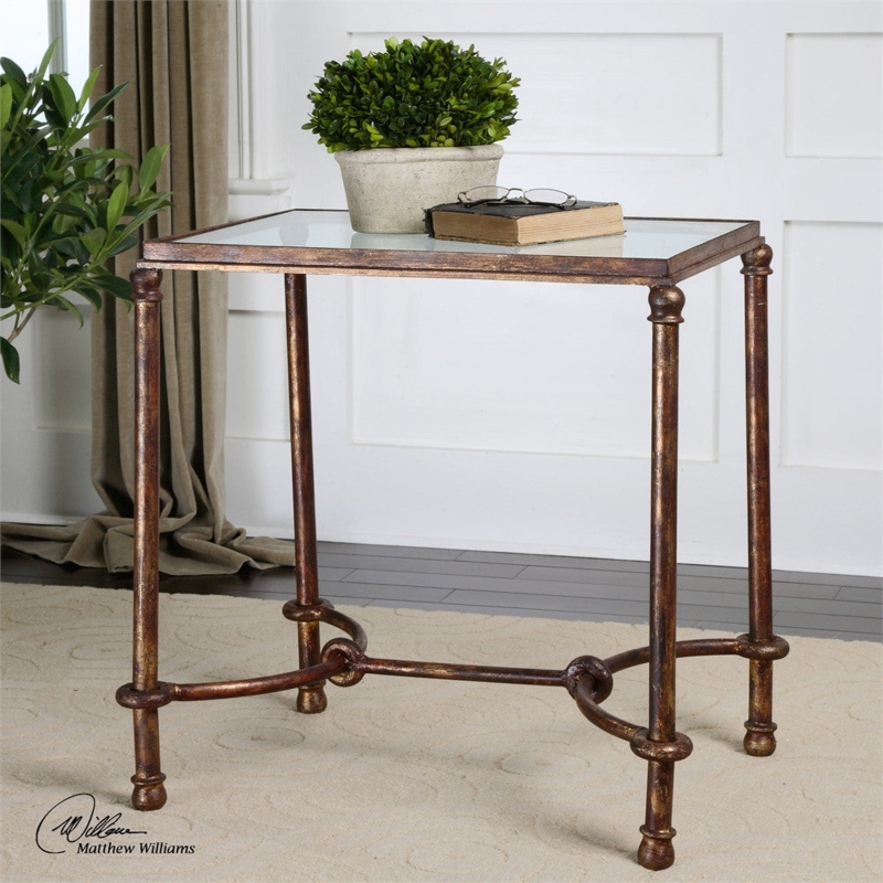 End Table with Glass Top and Cross Base in Antiqued Bronze, Antiqued Metal Table