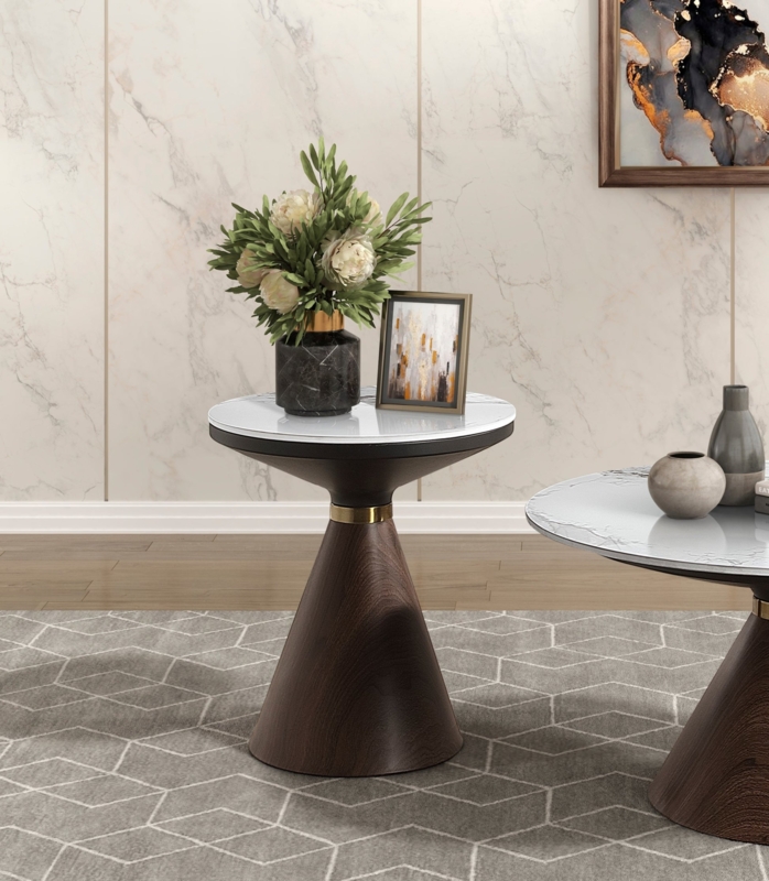 End Table with Gold Tone Metal Band and White Sintered Stone Top