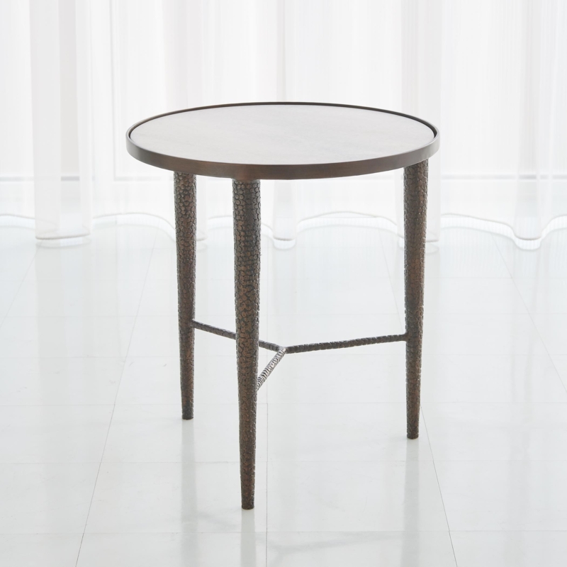 End Table with Hammered Base in Antique Bronze, Marble Top End Table