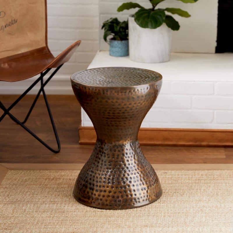 End Table with Hourglass Shape in Hammered Bronze, Sculptural Round End Table