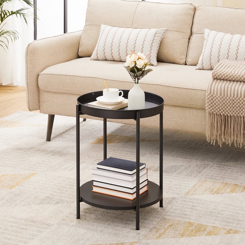 End Table with Integrated Basket, Small Space Storage End Table