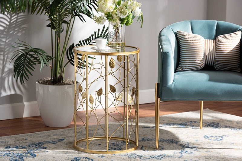 End Table With Leaf Motif And Brushed Gold Finish