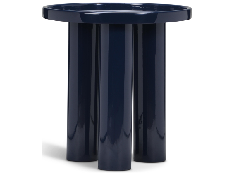 End Table with Recessed Top, Cylindrical Base, Modern Navy Blue