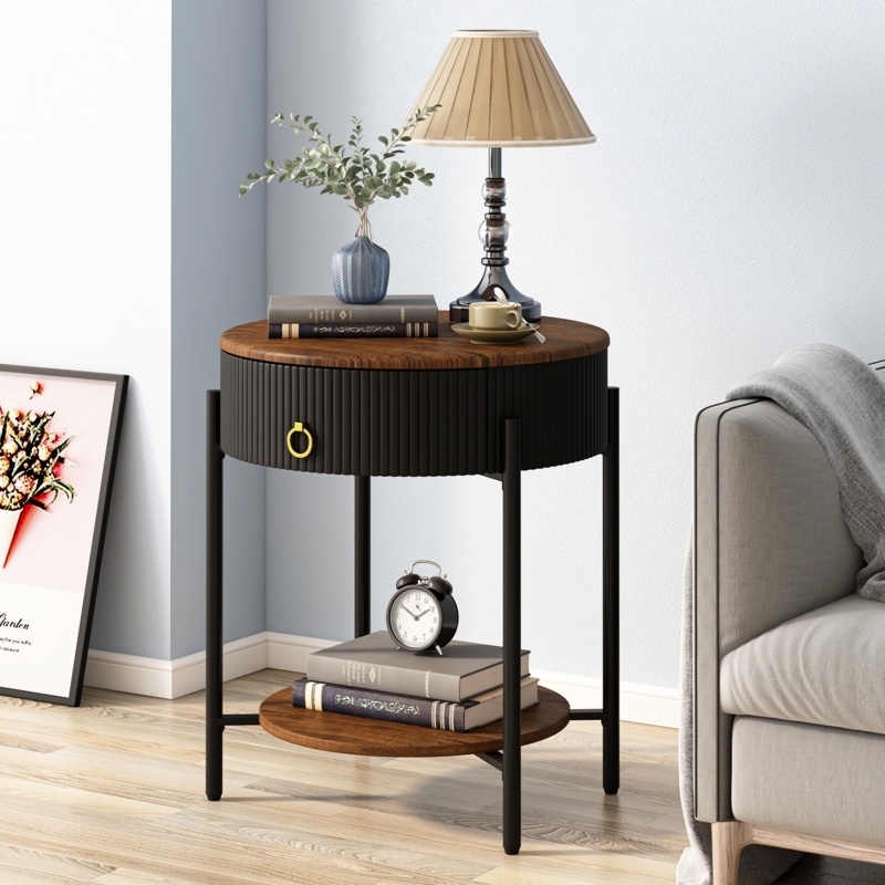 End Table with Round Storage Drawer, Modern Tripod Legs