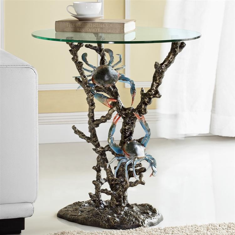 End Table with Sculptural Bronze Crab and Coral Base, Glass Top