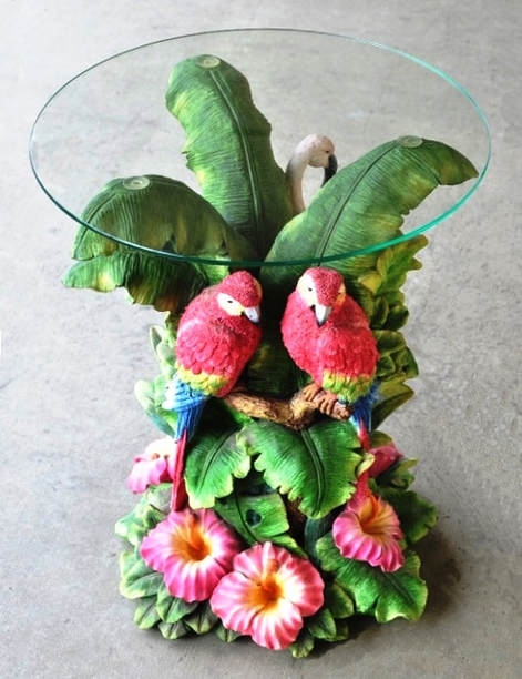 End Table with Sculptural Flamingo and Parrot Base, Glass Top