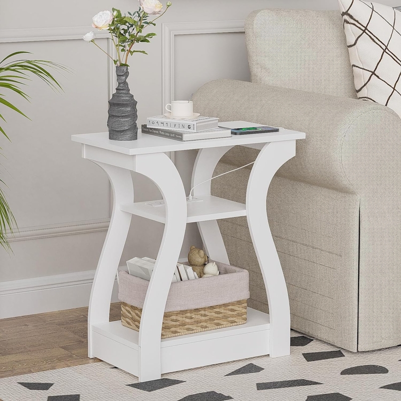 End Table with Side Pocket White Built-In Charging Station
