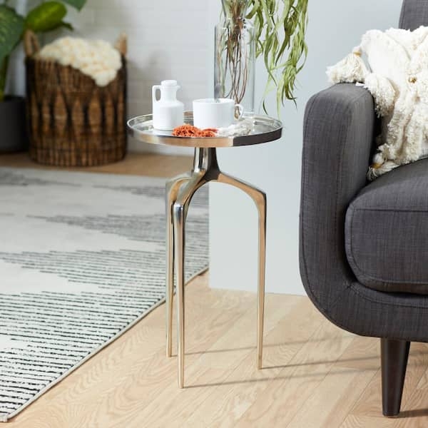 End Table with Silver Metal Tray Top and Minimalist Tripod Legs