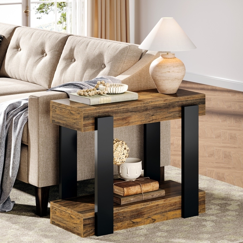 End Table with Thick Top and Two Tier Shelf Rustic Farmhouse Style