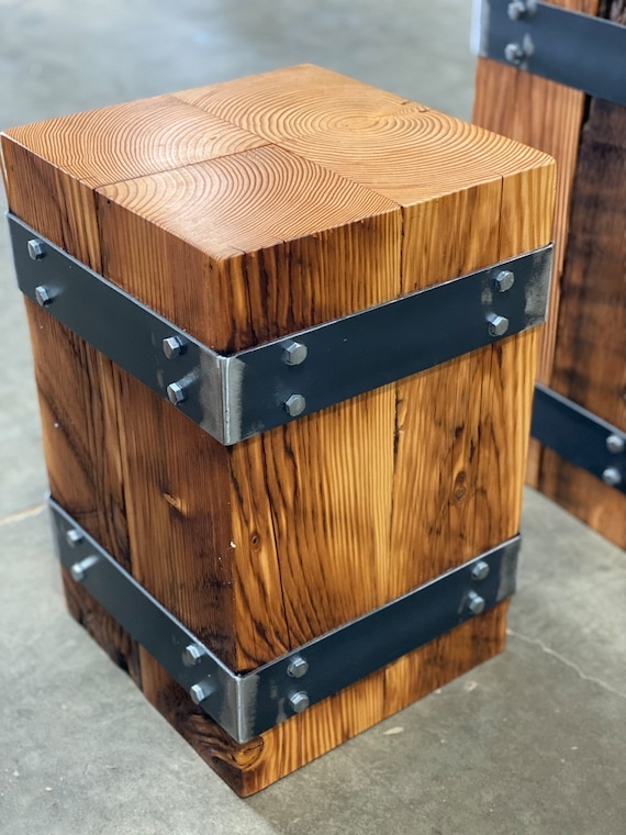 End Table with Thick Wood Beam, U-Shaped Metal Base, Rustic Beam Design