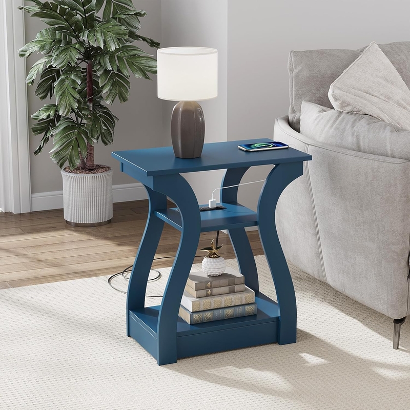 End Table with Three-Tier Slatted Shelf, Integrated Charging