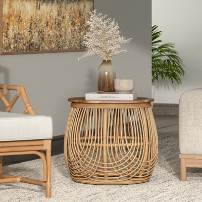 End Table with Two-Tone Wood and Tropical Carved Pedestal Base