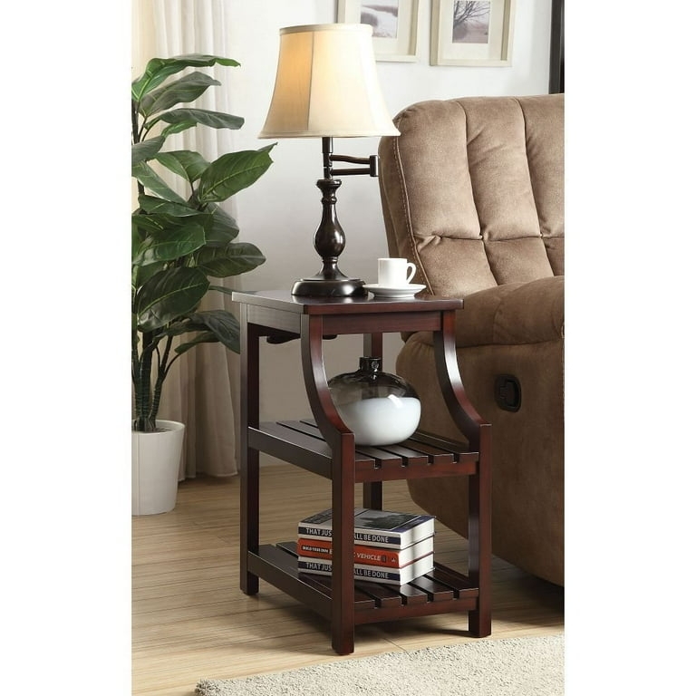 End Table with USB Charging Port, Espresso Finish, Tiered Storage Shelves