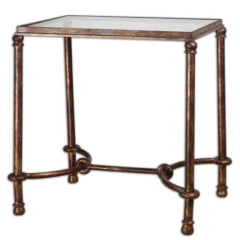 End Table with X-Base Design in Distressed Bronze, Industrial Style Accent
