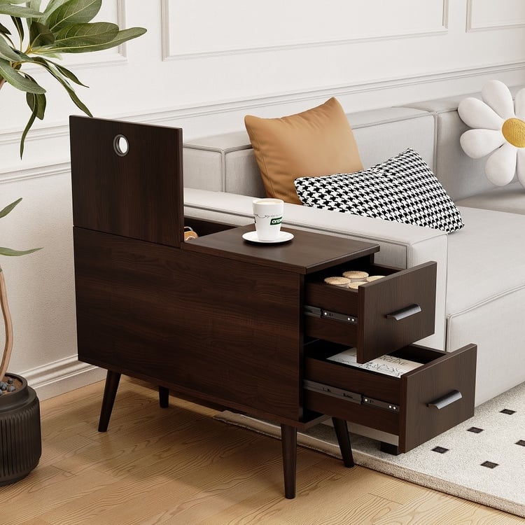 End Table Wood Tapered Legs Metal Leg Caps Two Drawers Gold Accents