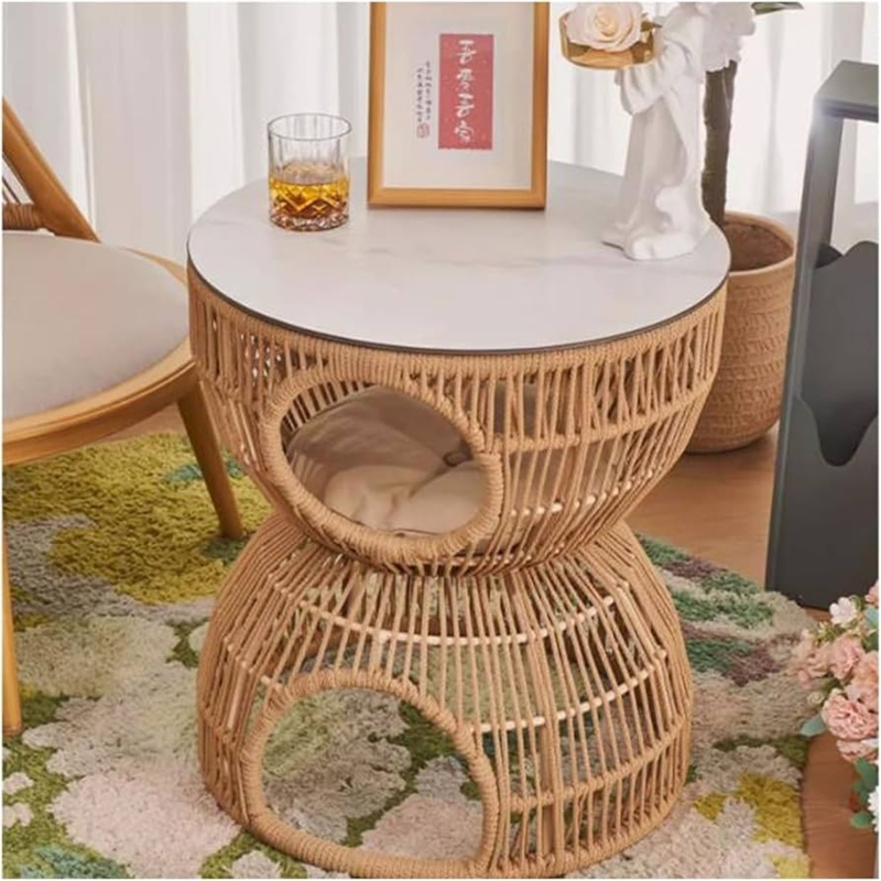 End Table Wood Toned Cat Cave Metal Legs, Multipurpose Design