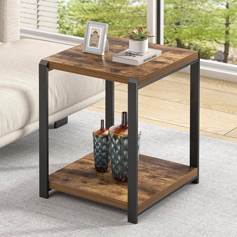 End Table: Wood Top Side Table with Wire Mesh Shelf Base