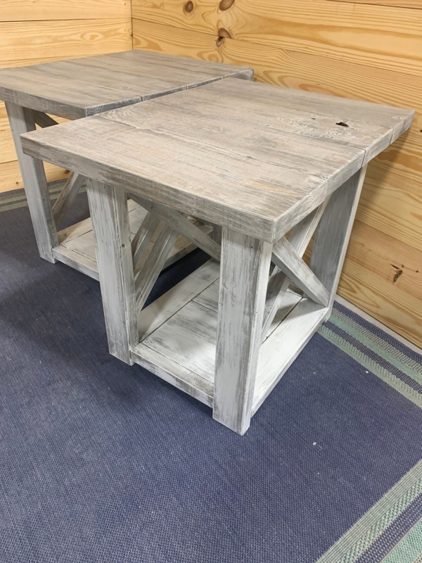 End Table X-Brace Sides Distressed Whitewash Base Square Top