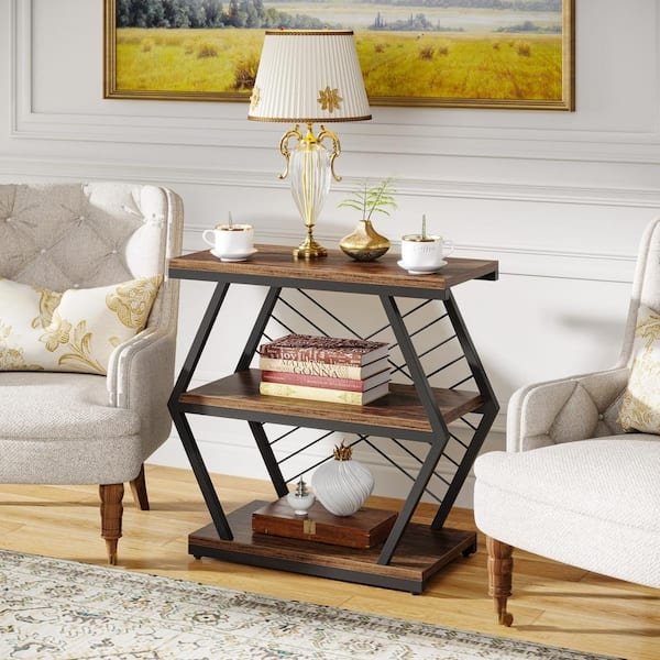 End Table X-Brace Sides Three Shelves Industrial Rectangular Rustic