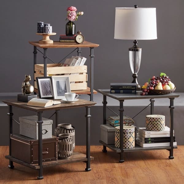 End Table X-Cross Frame Three Tier Square Industrial Rustic Wood Metal