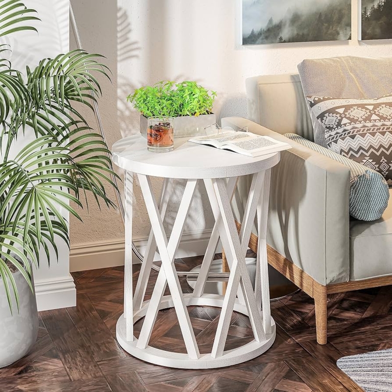End Table X-Motif Legs Antique White Round Top Farmhouse Style
