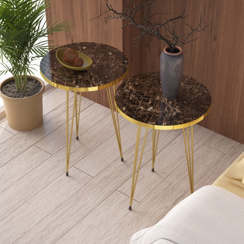End Tables Nesting Set Brown Marble Look Hairpin Legs Glossy