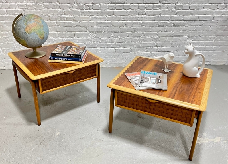 End Tables Pair Two-Tone Wood Basketweave Drawer Fronts