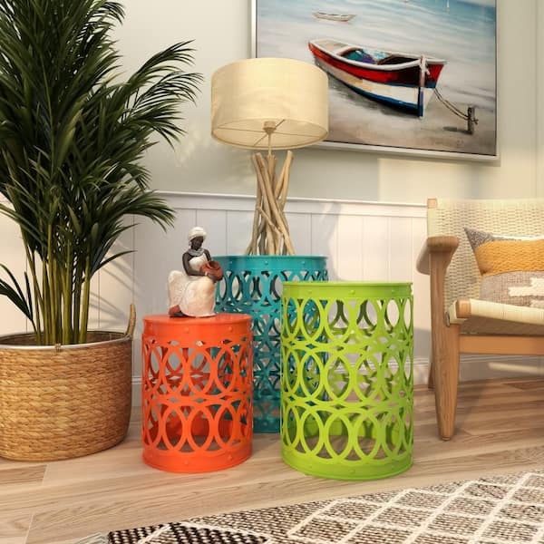 End Tables Set, Boho Metal Drum, Pierced Trellis Design, Colorful