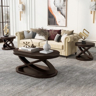 Espresso Coffee Table Set Oval Top X-Shaped Base Retro Style