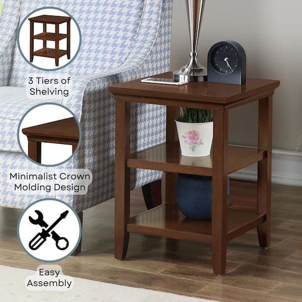 Espresso End Table featuring X-Side Panels and Three-Tier Open Shelving