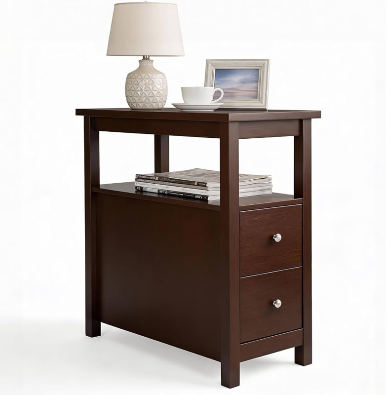 Espresso End Table Narrow Profile Tiered Storage for Small Spaces
