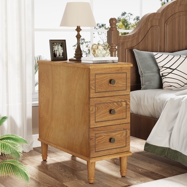 Espresso End Table Satin Finish Metal Knobs Three Drawers Narrow