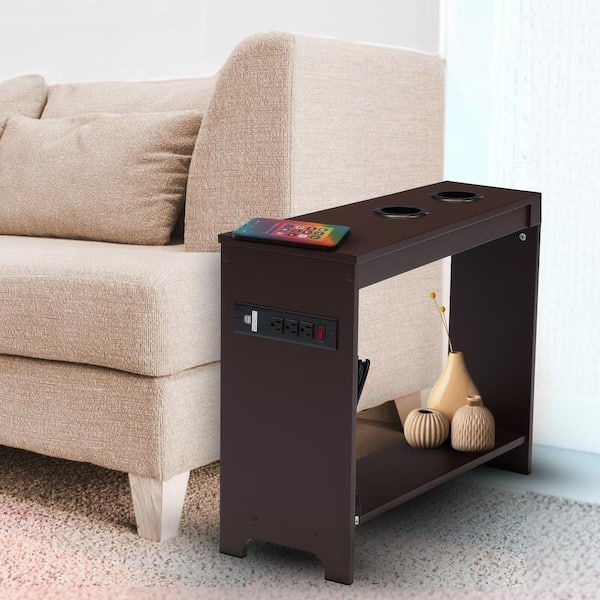 Espresso End Table with Flip-Top Charging Station and Power Outlets