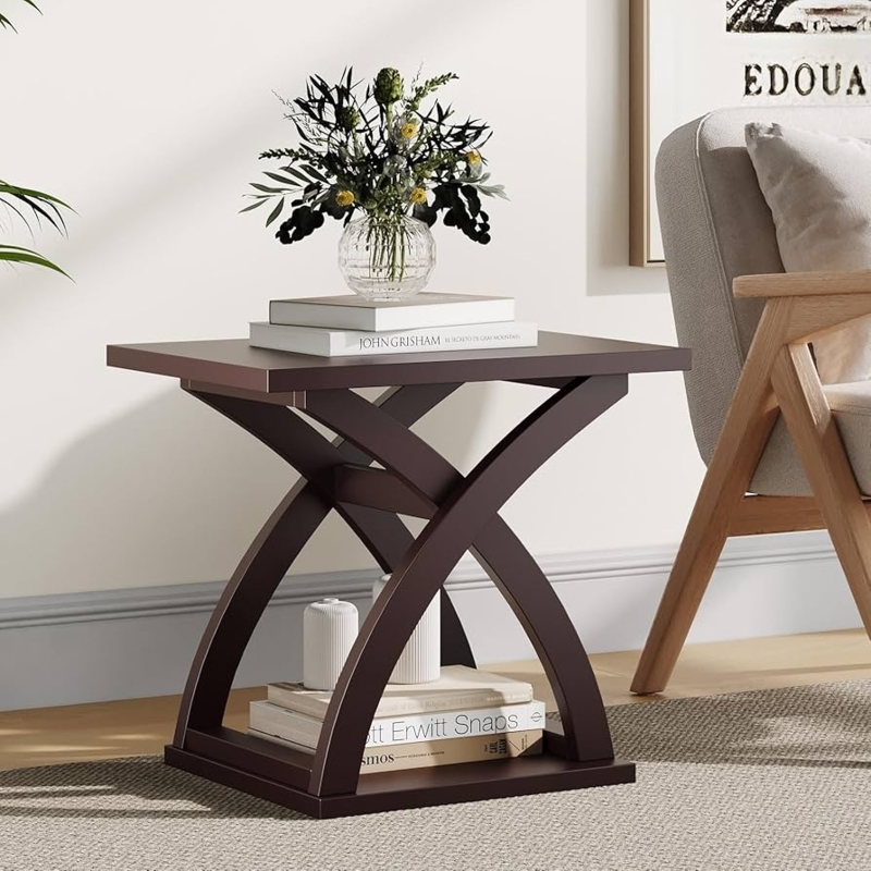 Espresso End Table with X-Shaped Sides and Open Storage Shelf