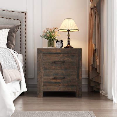 Espresso Nightstand Dual Storage Drawers Silver Knobs