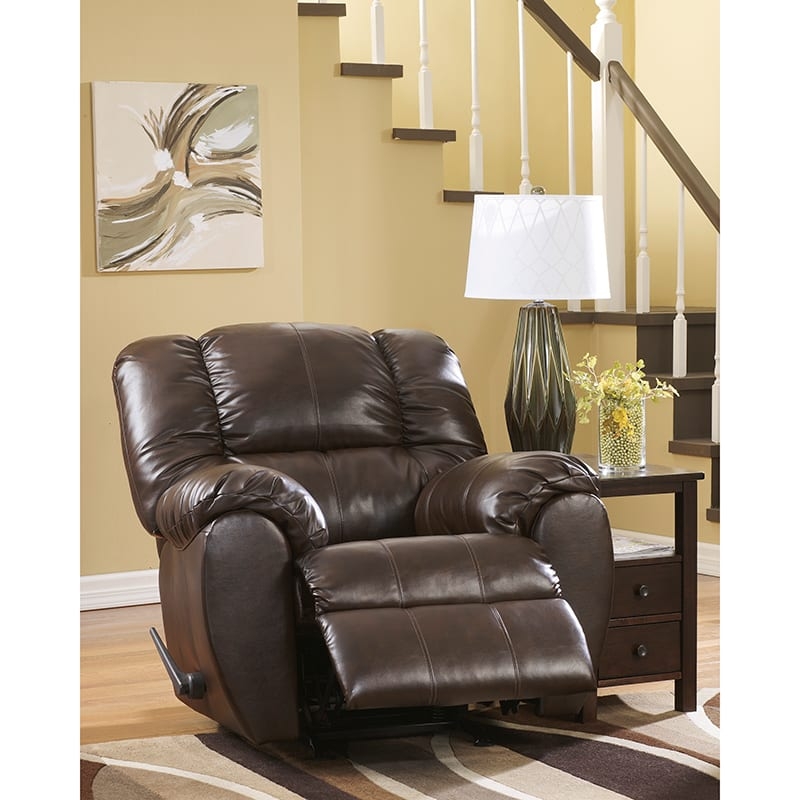 Espresso Rocker Recliner with Pillow Top Arms and Tiered Back