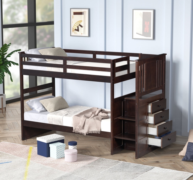 Espresso Stairway Bunk Bed with Storage Drawers in Mission Style