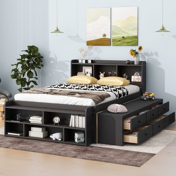Espresso Storage Bed with Bed End Case and Bookshelf Headboard
