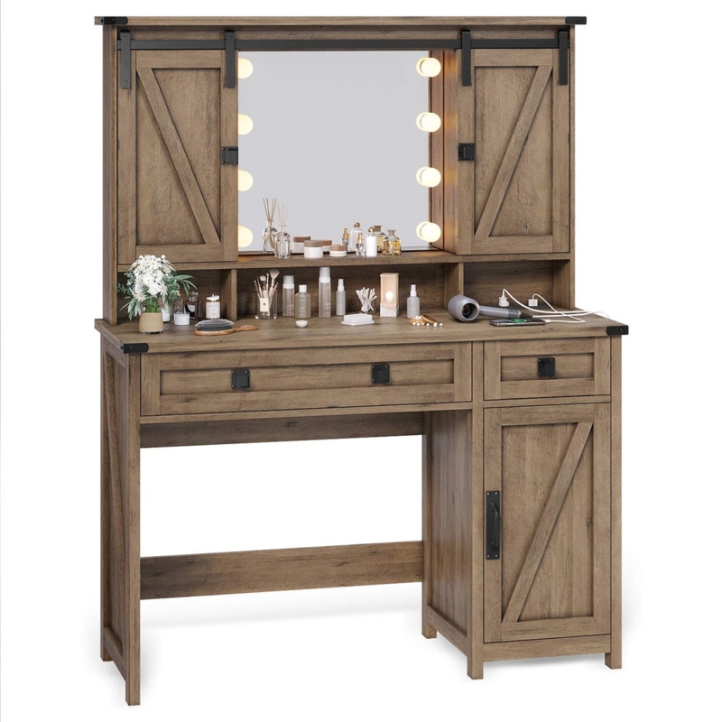 Espresso Vanity with Sliding Barn Door Mirror and Charging Station