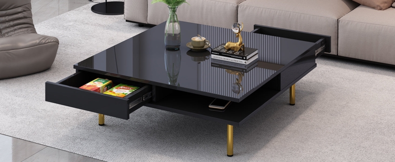 Exquisite High Gloss Coffee Table With 4 Golden Legs And 2 Small Drawe