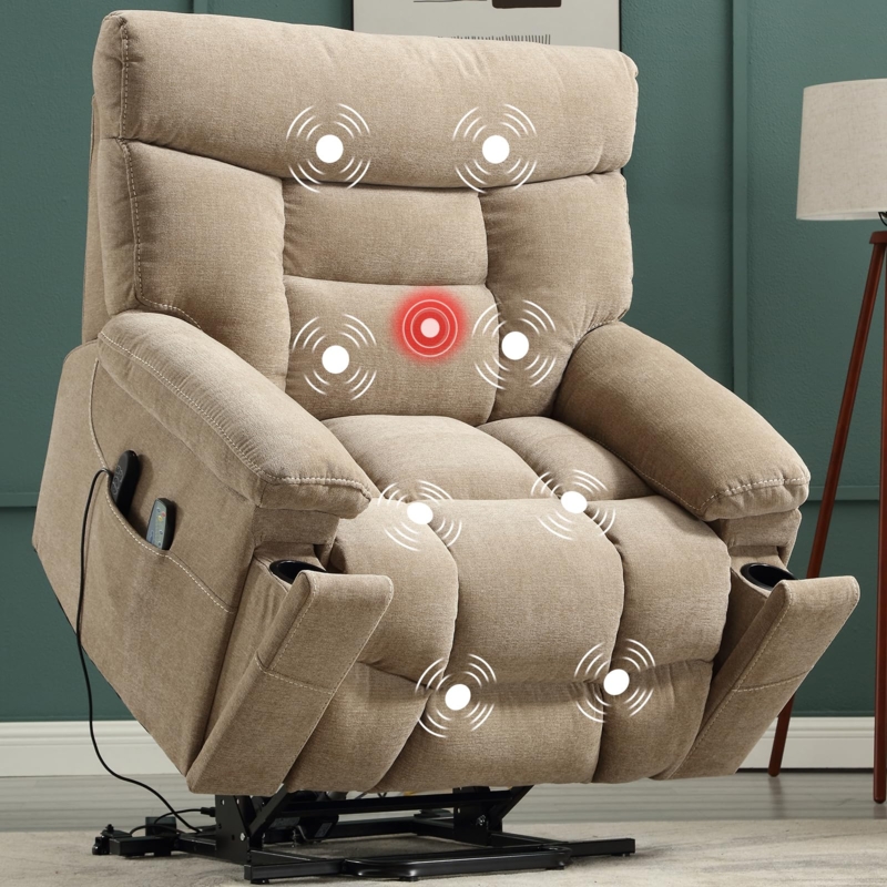 Extra Wide Power Lift Recliner Camel Fabric Cup Holders Transitional