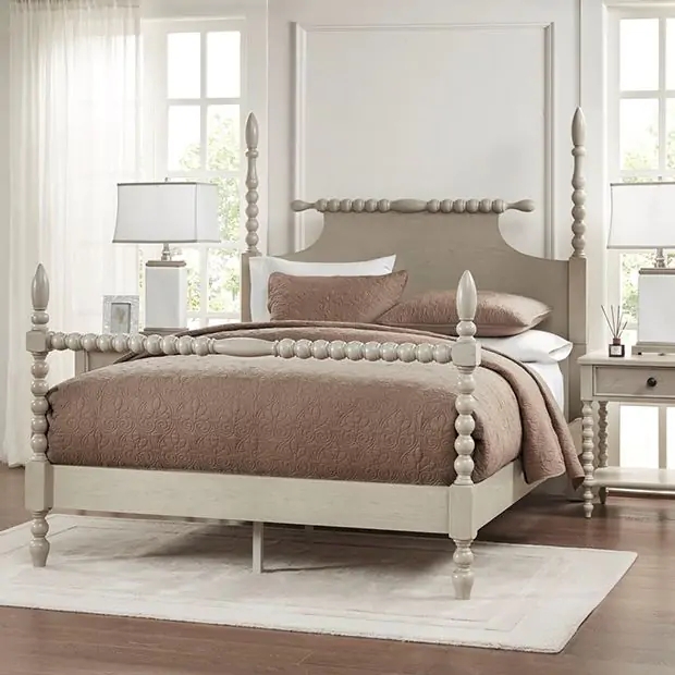 Farmhouse Bed Frame Paneled Wood, Natural Finish & Arched Headboard