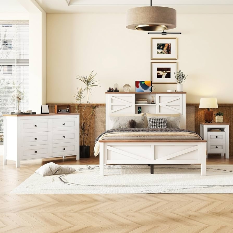 Farmhouse Bedroom Furniture Set X-Frame Detail Matte White Finish