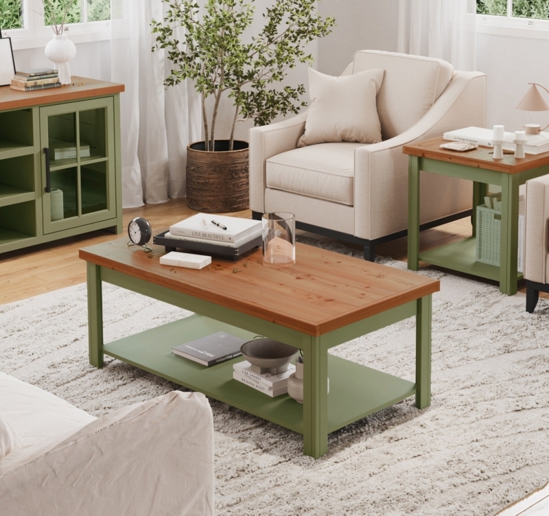 Farmhouse Coffee Table on Casters, Sage Green Base and Plank Wood Top