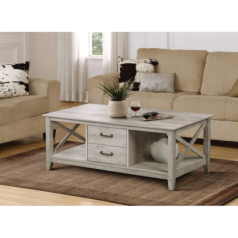 Farmhouse Coffee Table Washed Gray Storage Drawers Cup Pull Hardware
