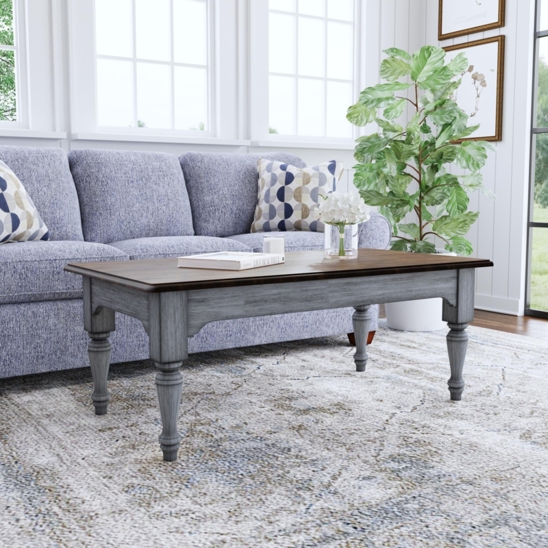 Farmhouse Coffee Table With Shelf Weathered Gray Turned Legs
