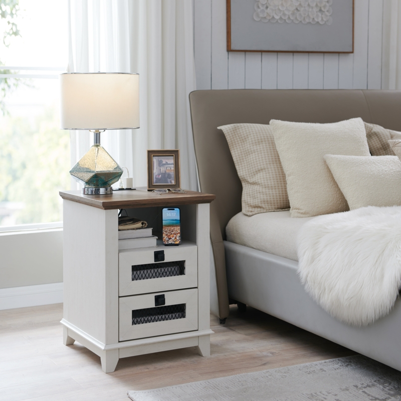 Farmhouse End Table Two-Tone Finish Two Drawers Charging Station