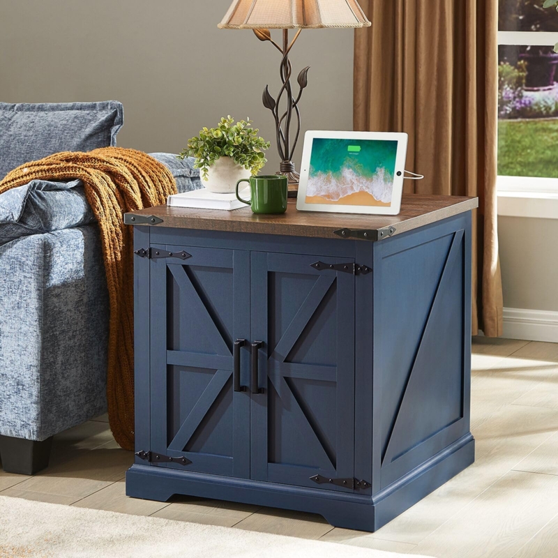 Farmhouse End Table with Barn Door & Charging Station